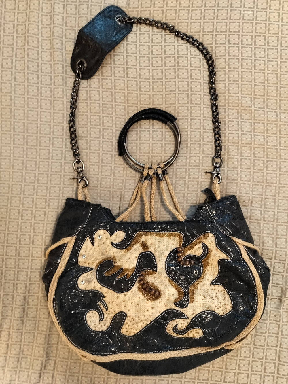 Y2K Boho Beaded Patchwork Shoulder Bag with Chain Strap